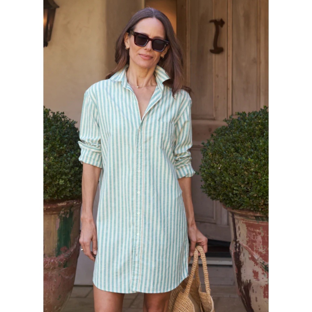 Frank & Eileen Mary Shirt Dress Small Green Sand Stripe Cotton Button Down